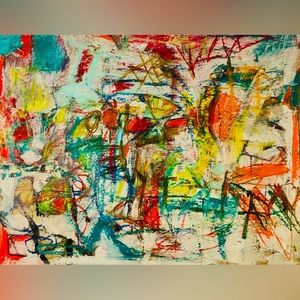 “Maps”, mixed media on chipboard, oil, oil pastel, pastel, approximately 22 x 28